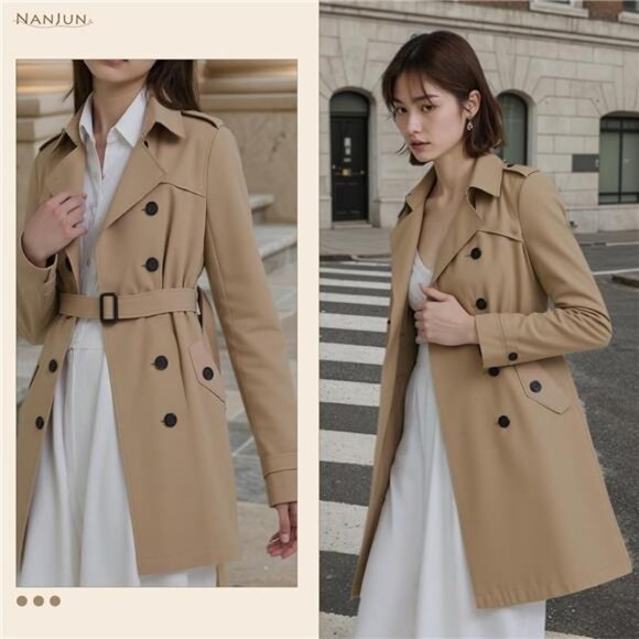 Women's Double-Breasted Trench Coat Classic Lapel Overcoat Slim - Picture 2 of 8